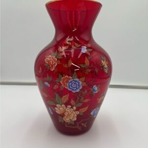 Vintage Royal Ruby Glass Vase Norleans Italy Hand Painted Floral Gold Rim